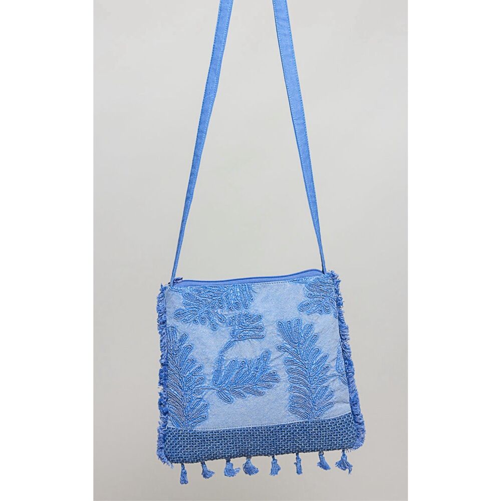 #263. POL Faded Blue Coastal Cotton Embroidered Crossbody NWT